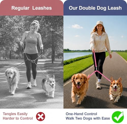 Double Dog Leash Padded Handle 360°Swivel No Tangle Dual Leash