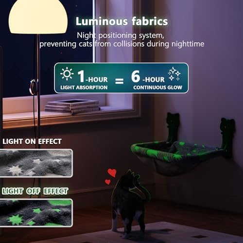 JUNSPOW Cat Window Perch Cordless, Glow in The Dark & Stable Cat Beds-