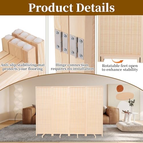 Bamboo Room Divider 4 Panel 47" H, 360°Rotating Feet Privacy Screen