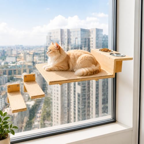 Cat Window Perch, Strong Suction Cups, Cat Window Hammock & Feeding Shelf