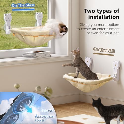 JUNSPOW Cat Window Perch Cordless, Foldable & Stable Cat Beds- Breathable Cat