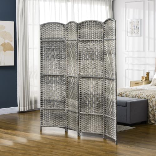 HOMCOM 4 Panel Room Divider 6 Ft Privacy Screen Hand-Woven Mixed Gray