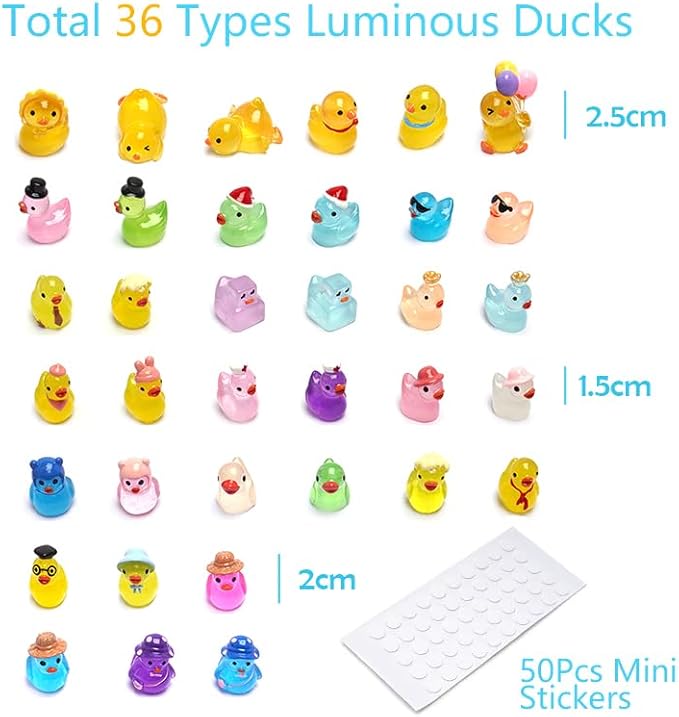 36 Types Luminous Mini Resin Ducks, Plastic Little Ducks to Hide Prank, Small Ducks Figures for Fairy Garden, Dollhouse,Terrariums, Potted, Cake Topper, Miniature Landscape Ornament.