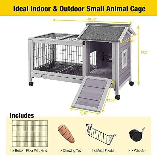 Aivituvin Wooden Rabbit Hutch with Removable Wire Floor Grid, Bunny Cage with Deeper Leakproof Tray 4 Wheels Include
