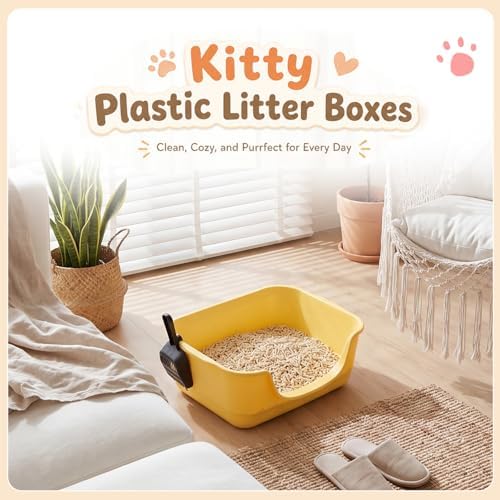 Bokon 2 Pack Yellow Green Small Cat Low Entry Litter Box, Kitty Litter Pan