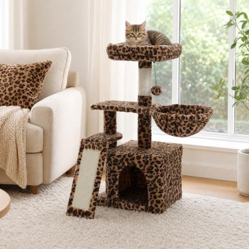 PETEPELA Leopard Cat Tree for Kittens & Small Cats, 32in Cat Tower