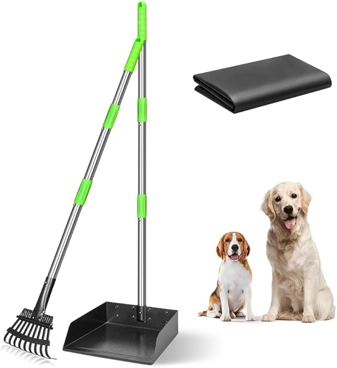 TOOGE Larger Pooper Scooper for Large Dogs, Dog Pooper Scooper Long Handle Stainless Metal Tray and Rake Set for Large Medium Small Dogs Heavy Duty (Green) (Extra Large)