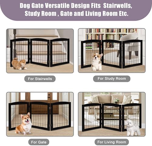 LZRS 3-Panel Freestanding Foldable Wooden Dog Gate –Solid Wood & Steel Wire