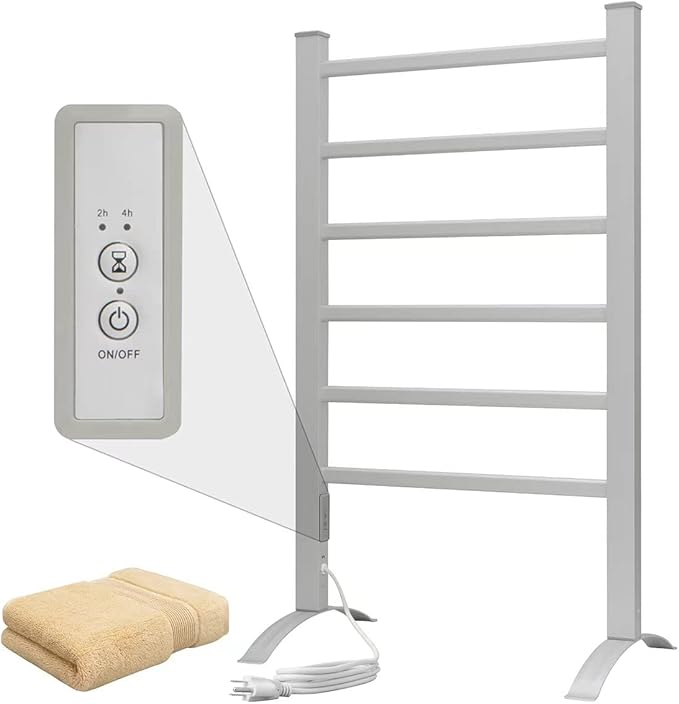 KEG Towel Warmer 6 Bars for Bathroom Freestanding or Wall Mounted Bath Towel Heater Plug-in with Built-in Timer Silver