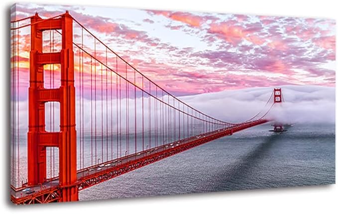 San Francisco Red Golden Gate Bridge At Dusk Canvas Wall Art For BedRoom,Modern Realism City Building Picture,Califonia Foggy Cityscape Painting Decor,Bracket Fixed Ready To Hang,Inner Frame (30x60)
