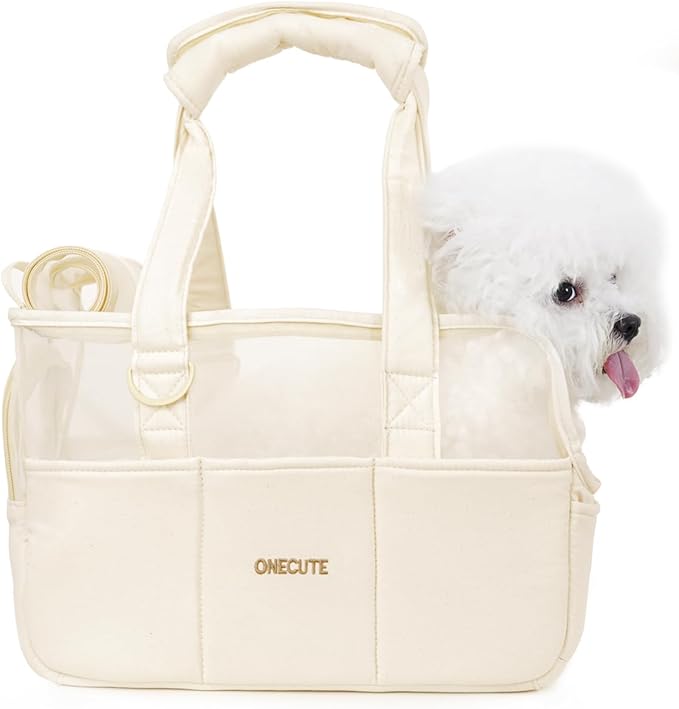 Dog Purse Carrier for Small Dogs Rabbit cat with Large Pockets, Cotton Bag, Dog Carrier Soft Sided, Collapsible Travel Puppy Carrier (Beige Breathable, 13.6" L x 6.5" W x 10.0" H)