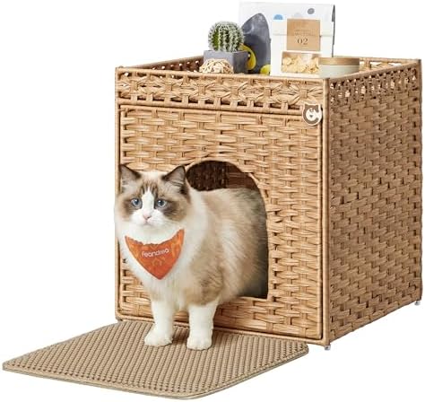 Feandrea Cat Litter Box Enclosure, Handwoven Rattan End Table, Extra Mat
