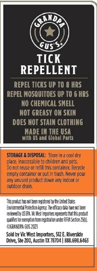 Grandpa Gus's Natural Tick Repellent Spray with Essential Oils - for Humans, DEET-Free, Up to 8 Hours of Protection, Camper Essentials, Safe Around Kids and Dogs, 4 oz (Pack of 2)