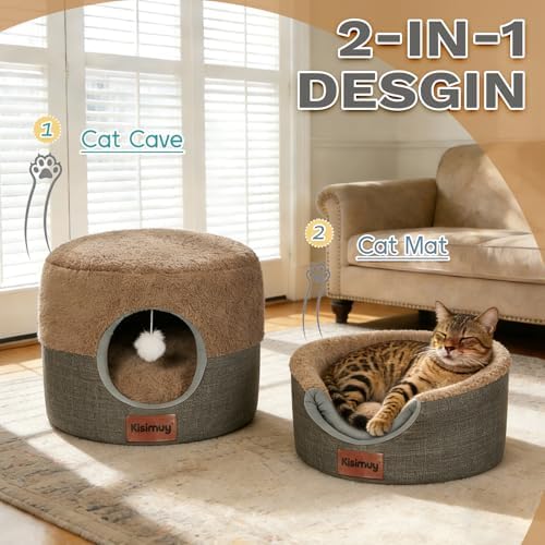 2-in-1 Cat Bed Cave, Cozy Covered Cat Beds