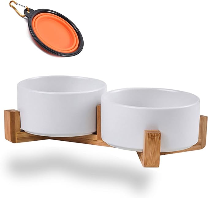 Petygooing Dog Bowls,White Ceramic Cat and Dog Bowl Set with Wood Stand for Food and Water, Non-Slip Cute Modern Pet Dish Set for Cats & Medium Dogs (28OZ)