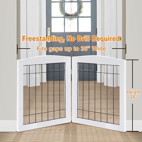 LZRS 2-Panel Freestanding Foldable Wood Dog Gate – Solid Wood & Steel Wire