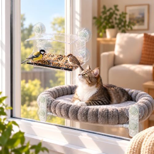 Cat Window Perch with Bird Feeder, 50 lb Suction Cup Window Cat Bed, L Size