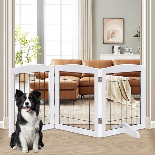 LZRS 3-Panel Freestanding Adjustable Wooden Dog Gate—30" Tall Foldable Pet
