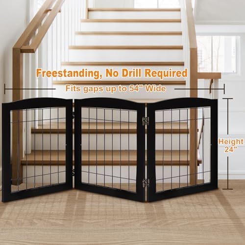 LZRS 3-Panel Freestanding Foldable Wooden Dog Gate –Solid Wood & Steel Wire