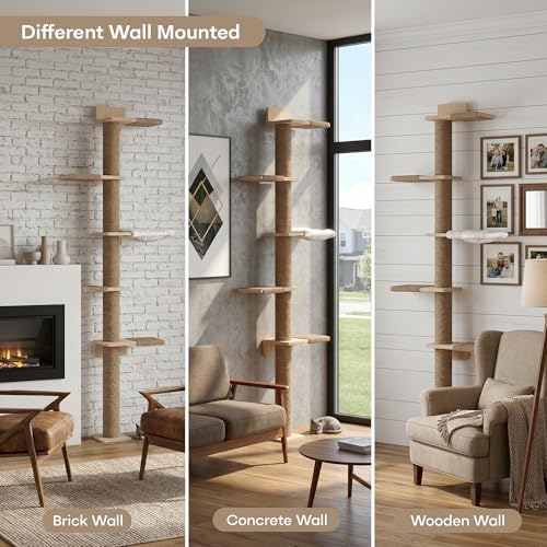 Tall Cat Tree, 5 Tier Floor Cats Tower, Wall-Mounted Kitten Sisal Scratching