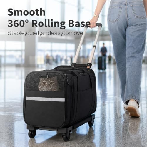 Rolling Pet Carrier with Wheels & Pull Bar, Foldable Cat Carrier