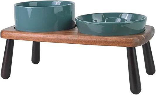 SPUNKYJUNKY Ceramic Elevated Dog Bowls with Slow Feeder Raised with Acacia Bamboo Wooden Stand, 6.1'' Dog and Cat Food Water Bowls Set Non-Slip for Small Medium Sized Breed - Dark Green