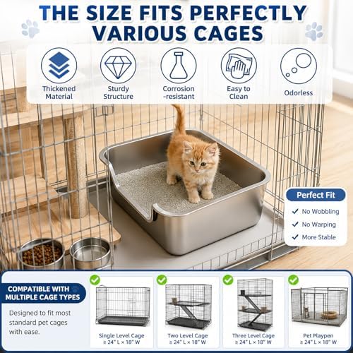 FHTONGE Low Entry Thickened Stainless Steel Cat Litter Box