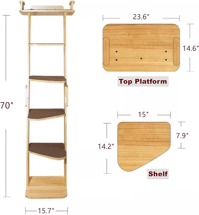 Modern 70“ Tall 6 Level Leaning Cat Climbing Ladder Tree Tower Condo with Large Perch Platform for Window Wall, Solid Wood Cat Furniture Shelves for Multiple Cats