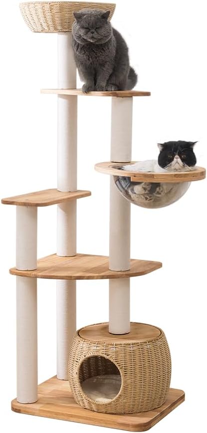 Wooden Cat Tower for Large Cats 63’‘, Modern Multi-Level Condo with Natural Wood, Indoor Cat Furniture for Medium and Big Pets (White 81007s)