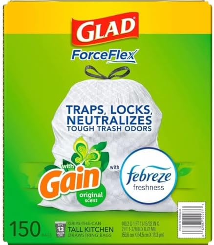 GLAD ForceFlex Tall Kitchen Drawstring White Trash Bags, Gain Original Scent