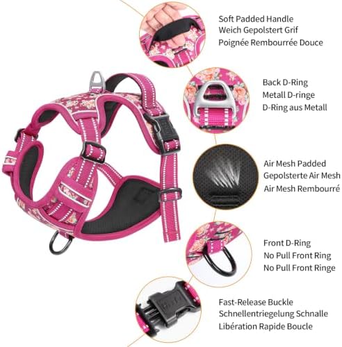 HEELE Dog Harness, Reflective, No Pull No Choke, Flower Rose