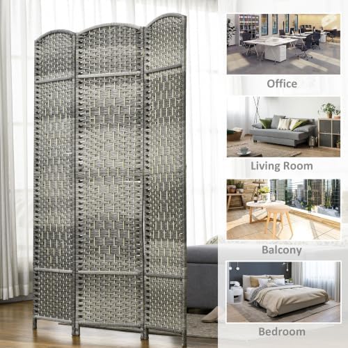 HOMCOM 3 Panel Room Divider 6 Ft Privacy Screen Hand-Woven Mixed Gray