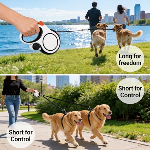 16FT Dual Retractable Dog Leash 2 Large Dogs-White