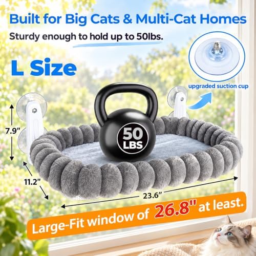 Cat Window Perch with Bird Feeder, 50 lb Suction Cup Window Cat Bed, L Size