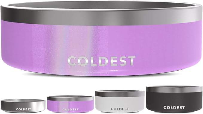 Coldest Dog Bowl - Anti Rust Metal, Non Slip, 3 Layers Insulated Stainless Steel Dog Bowls - Spill Proof & Heavy Duty - Water Bowl for Dogs, Cats, Dish Washer Safe (42 oz, Saturns Purple Glitter)