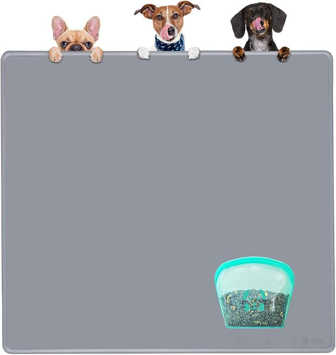 KVK Extra Extra Large Silicone Dog Food Mat 39.4×43.3in and 128oz Silicone Bag Set, Super Size Waterproof Pet Feeding Mat & Container, Non-Slip, Chew-Resistant Floor Protection (Cool Grey&Teal)