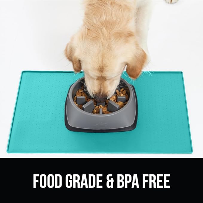 GORILLA GRIP 100% Waterproof Raised Edge BPA Free Silicone Pet Feeding Mat, Dog Cat Food Mats Contain Spills Protects Floors, Placemats for Cats and Dogs Water Bowl, Pets Accessories 23x15 Turquoise