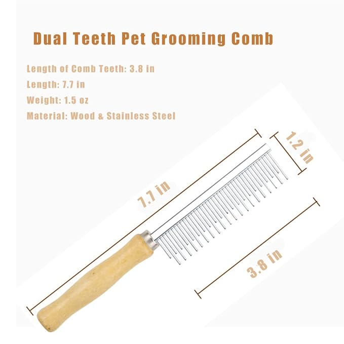 Dog Cat Grooming Comb with Wooden Handle Stainless Steel Teeth, Pet Grooming Supplies Accessories for Hairy Pets (Dual Teeth)
