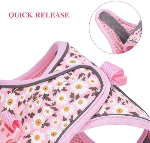 Small Dog Harness Pink Daisy Flowers No Pull Reflective Harness