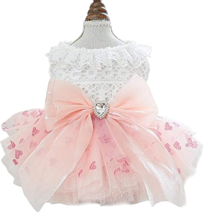 Dog Princess Dress with Heart Patterns & Bow Puppy Clothes for Small Dogs Girl Fancy Cat Birthday Outfit Pet Wedding Dresses(Pink White, Large)
