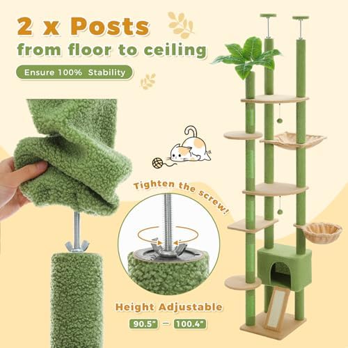PEQULTI Floor to Ceiling Cat Tree, Height Adjustable 90.5-100.4''
