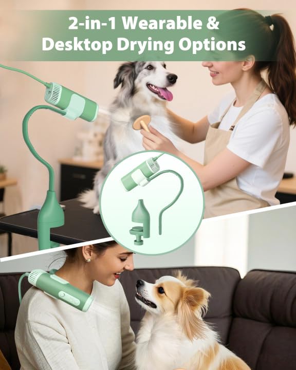 2-in-1 Hands-Free Dog Hair Dryer with Table Clamp – Low Noise Pet Grooming Dryer for Dogs & Cats, Adjustable Heat & Speed, Wearable or Desktop Use(Green)