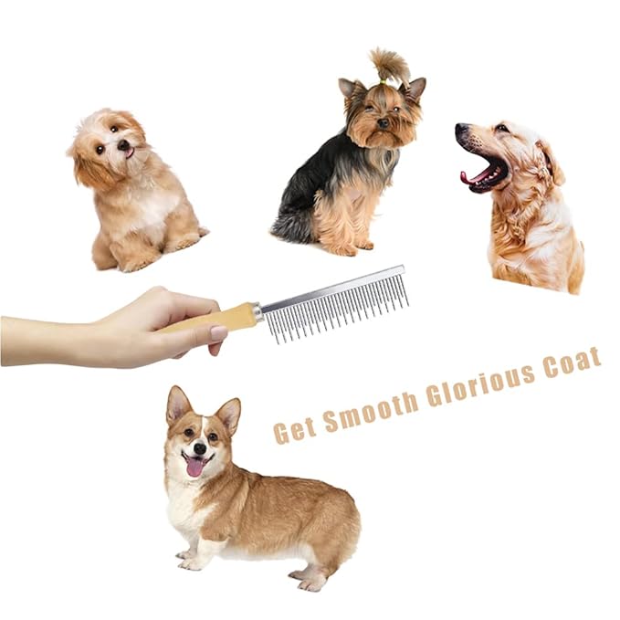 Dog Cat Grooming Comb with Wooden Handle Stainless Steel Teeth, Pet Grooming Supplies Accessories for Hairy Pets (Dual Teeth)