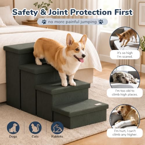 4-Step Wide Dog Stairs with Storage 23" H, Non-Slip Sturdy Pet Steps