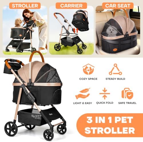 Dog Cat Stroller for Small/Medium Pets, 50 lbs, 3-in-1 Pet Stroller