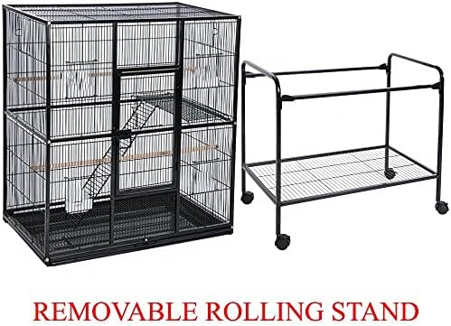 64" Extra Large Double Flight Bird Wrought Iron Double Cage Slide Out Center Divider Side Nesting Box Door Parrot Cage Cockatiel Conure with Removable Rolling Stand Storage Shelf