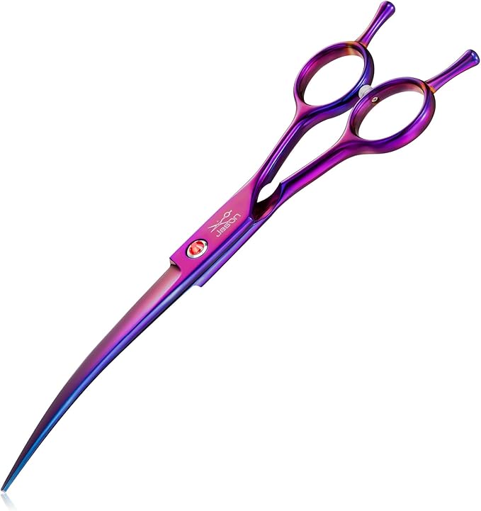 JASON 7.5" Dog Grooming Scissor - Professional Down-curved Shear with Ergonomic Handle Japanese Stainless Steel Trimming Scissor for Dogs, Cats and Other Pets, Sharp (Curved, Purple)