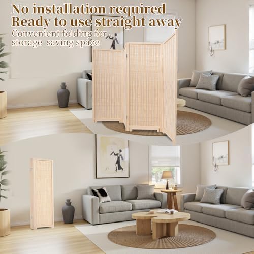 Bamboo Room Divider 4 Panel 47" H, 360°Rotating Feet Privacy Screen