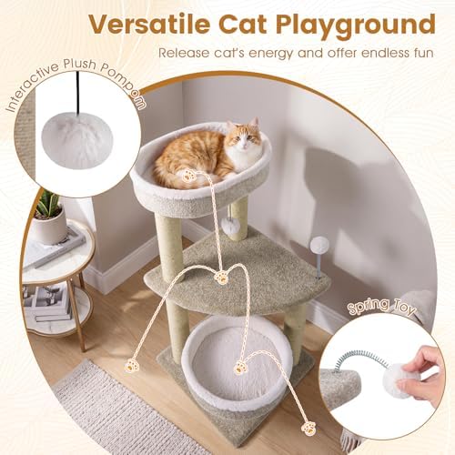 PETSITE 36-inch Modern Cat Tree, 2 Comfy Cat Beds, Interactive Hanging Ball