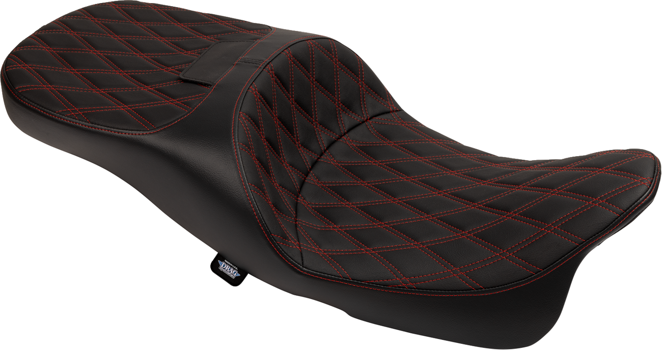DRAG SPECIALTIES SEATS, Drag Specialties Seats Extended Reach Freedom Seat with Vinyl Cover, Double Diamond Pattern and Red Stitch for FLT/FLH 2009-2025 - Part 4696D
